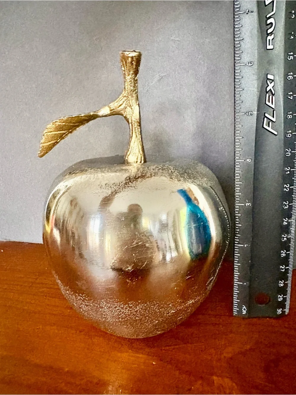 Large Decorative Metal Apple Sculpture - Silver with Gold Brass Stem